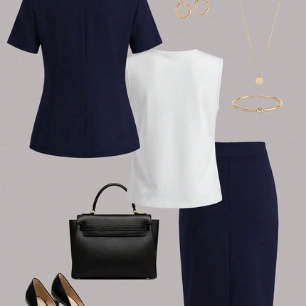 Women's elegant business-style short-sleeve blazer set for spring and summer, paired with a solid-color camisole and a knee-length skirt. Ideal for job interviews, business office wear, and fashionable commuting.