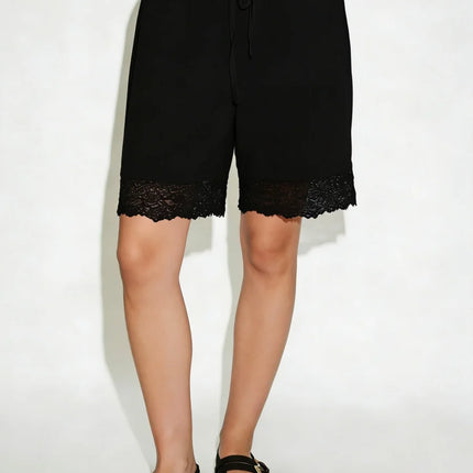 Lace Trim Bermuda Shorts for Women Casual Loose Drawstring Low Rise Wide Leg Knee Length Pajama Lounge Shorts