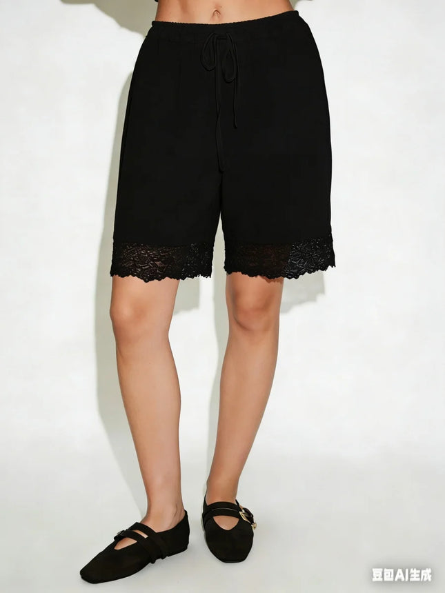 Spitzensaum-Bermudashorts für Damen, lässig, locker, Kordelzug, niedrige Taille, weites Bein, knielang, Pyjama-Freizeitshorts