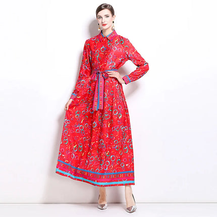 High-quality Fashion Print Elegant Versatile Dress For Women's Summer Autumn Polo Single Breasted Lace-up Slim Fit Long Skirt