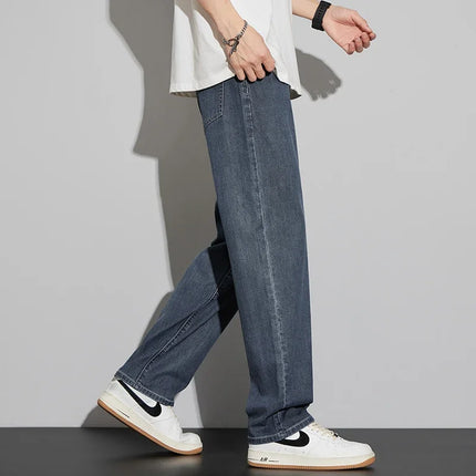 2025 New Lyocell Summer Thin Business Male Pants Jeans Men's High Waist Loose Comfortable Straight Elastic Denim Trousers