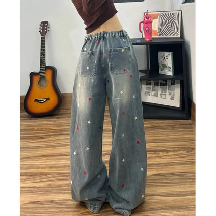 Spring Men's Graffiti Star Embroidered Baggy Jeans High Street Retro Straight Wide-Leg Denim Pants  New Y2K Vintage Jean