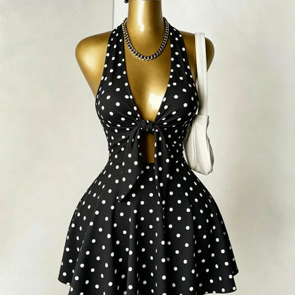 Halter Deep V Front Tie Cut Out Mini Dress Summer Y2K Night Club Party Flare Skirt Dresses
