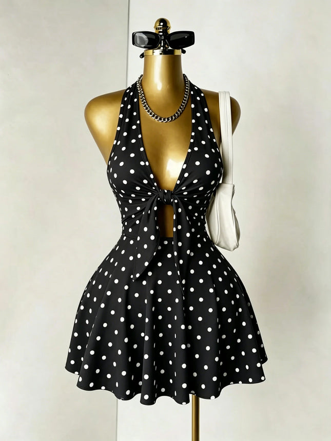 Halter Deep V Front Tie Cut Out Mini Dress Summer Y2K Night Club Party Flare Skirt Dresses