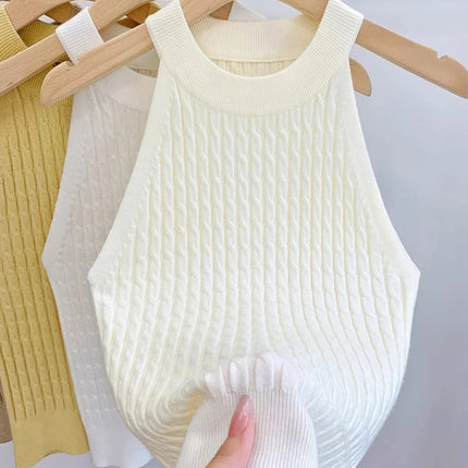 2026 Summer New Women's Knitted Halter Camisole Slim Fit Sleeveless Base Tank Tops Solid Color O-neck Outerwear Vests Crop Tops