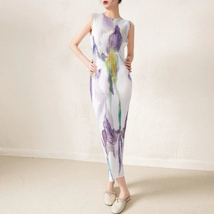 Sleeveless round neck dress for women 2023 new high-end printed pleated straight tube  vestidos elegantes para mujer