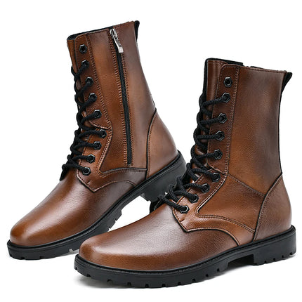 Men's Brown Leather Combat Boots High-Top Lace-Up with Side Zipper Plus Big Size 49 50 51 52