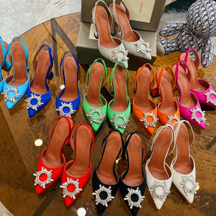 2025 European and American Women's New High Heel Sandals Sunflower Water Diamond Buckle High Heels Pointed Heel Satin Shoes