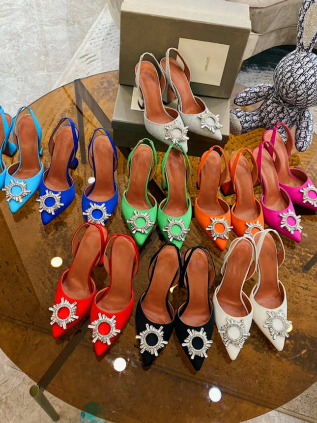 2025 European and American Women's New High Heel Sandals Sunflower Water Diamond Buckle High Heels Pointed Heel Satin Shoes