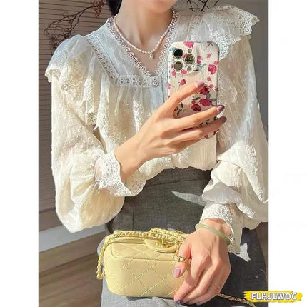 2024 Spring Autumn Basic Shirts Blouses Women Fashion Long Sleeve Elegant Office Lady Work Solid White Ruffled Chic Tops Blusas