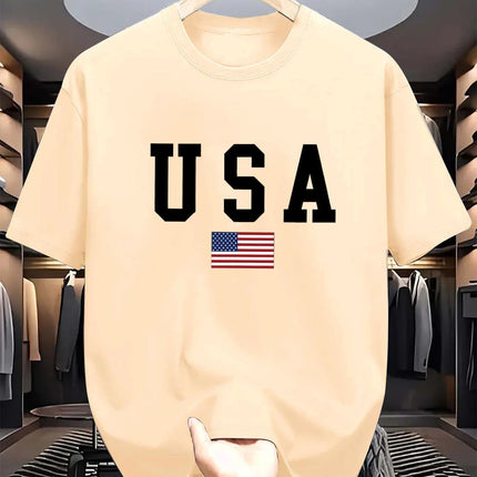 Men's summer 100% cotton fashionable casual loose fit USA American National Flag Graphic round neck short sleeved T-shirt top
