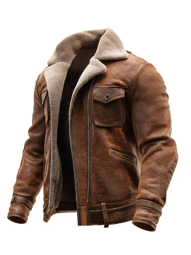 2026 Herren-Jacke aus PU-Leder-Patchwork mit Reißverschluss, Herbst-Winter, Fleece, warme Outdoor-Jacke, lässige Cowboy-Oberbekleidung, braune Streetwear