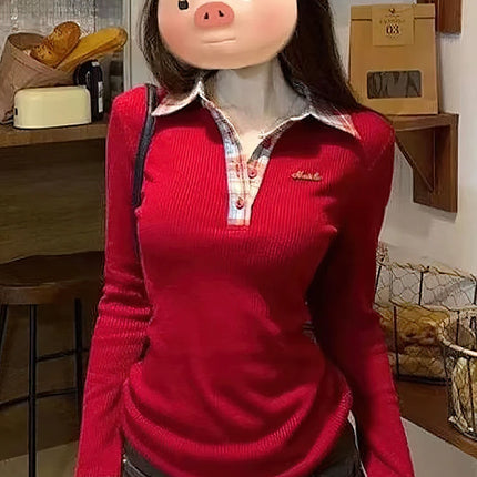 Preppy Polo Neck Plaid Long Sleeve Layered T Shirt Fake Two-piece Basic Top V Neck Button Blouses Tees