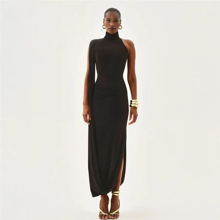 Elegant Split Turtleneck Sexy Maxi Dress Women Gown One-shoulder High Waist Bodycon Solid Fashion Club Party Long Dress 2626 New