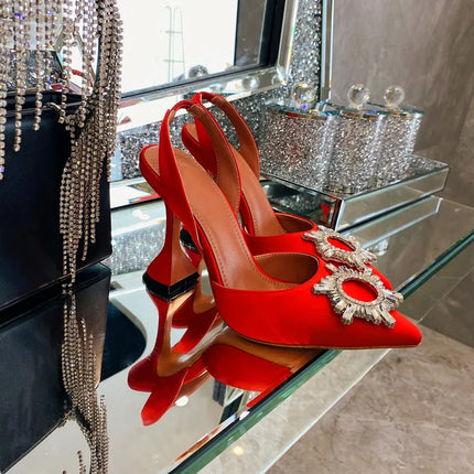 2025 European and American Women's New High Heel Sandals Sunflower Water Diamond Buckle High Heels Pointed Heel Satin Shoes