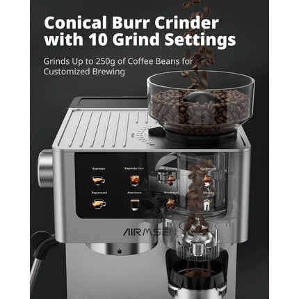 Espresso Coffee Machine 20 Bar with Burr Grinder Milk Frother Wand for Cappuccino Latte Americano and Iced Cold Brew