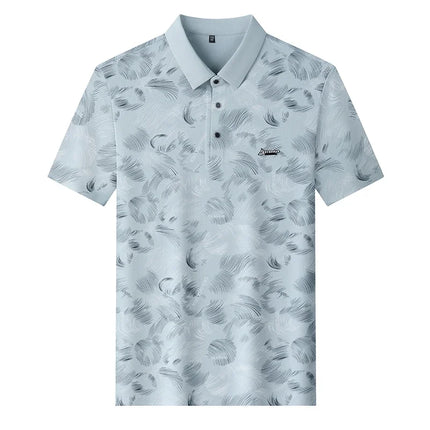 Mens Feather Print Short Sleeve Polo Shirts Classic Casual Tops Soft Comfortable Breathable Shirts