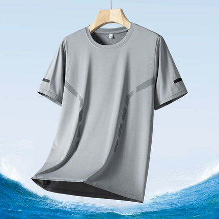 Summer Men's Silk Ice Round Collar T-shirt, Simple Running Fitness Suit, Breathable Thin T-shirt, Quick Dry T-shirt, Summer Tees