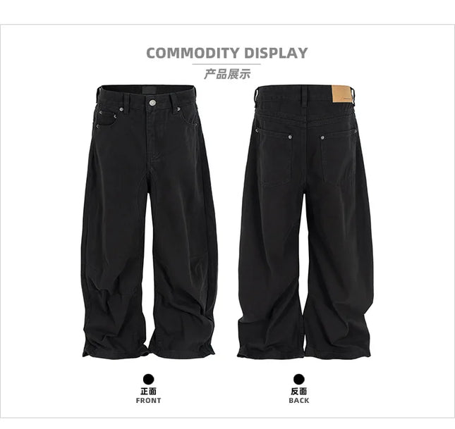 MIJKO Vintage Washed Baggy Black Jeans für Herren Streetwear Solid Casual Loose Denim Hose Straight Oversized Cargohose