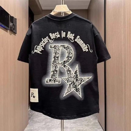 Summer Pure Cotton Breathable Short-sleeved T-shirt for Men with Letter Prints Trendy Fashion Round Neck Versatile T-shirt Top