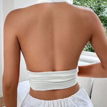 Sleeveless Backless Deep V-neck Halter Top Women Summer 2024 Club Party Sexy Solid Color Crop Tops Streetwear Y2K Clothes