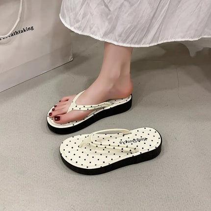Cute Polka Dot Platform Flip Flops Thick Sole Non-Slip Thong Sandals Breathable Beach Slippers Summer