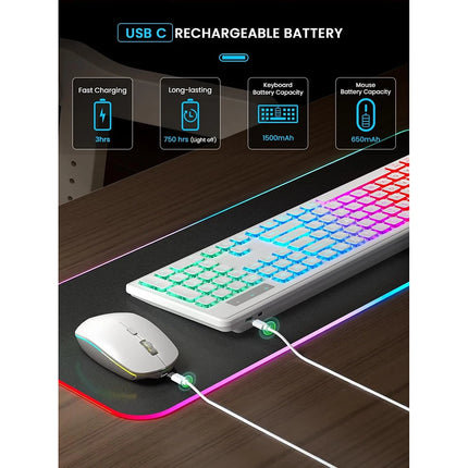 Backlit Wireless Keyboard and Mouse,Quiet Light Up Keys, Tilt Legs, Rechargeable USB Cordless Combo for Computer - product im