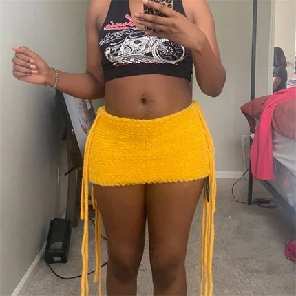 Y2K Fuzzy Knit Mini Skirt Sexy Women Low Rise Tassel Fringe Bodycon Micro Skirt Summer Fashion Streetwear Party Clubwear
