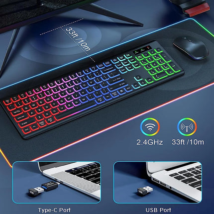 JOMAA 2.4G Wireless Keyboard Mouse Combo RGB Backlit Rechargeable Full-Size Ergonomic Type-c Wireless Keyboard - product imag