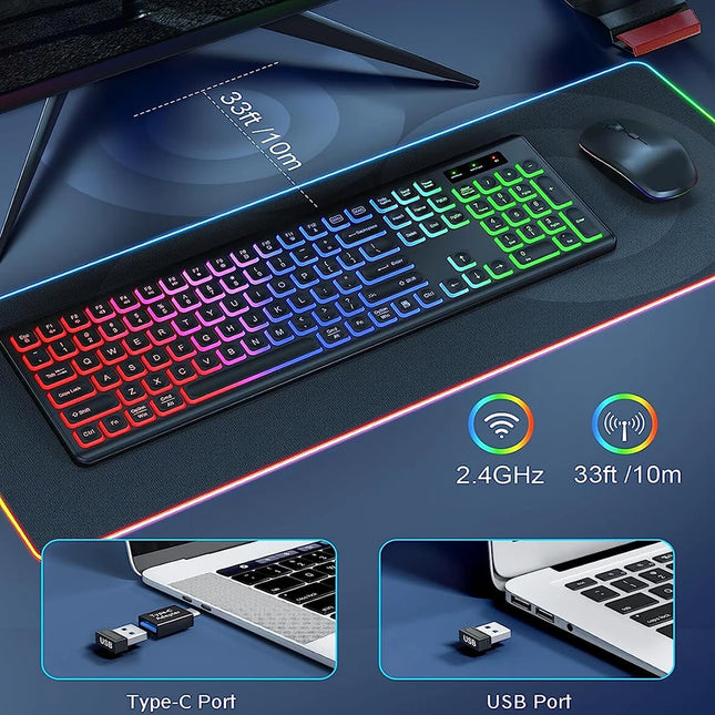 JOMAA 2.4G Wireless Keyboard Mouse Combo RGB Backlit Rechargeable Full-Size Ergonomic Type-c Wireless Keyboard - product imag