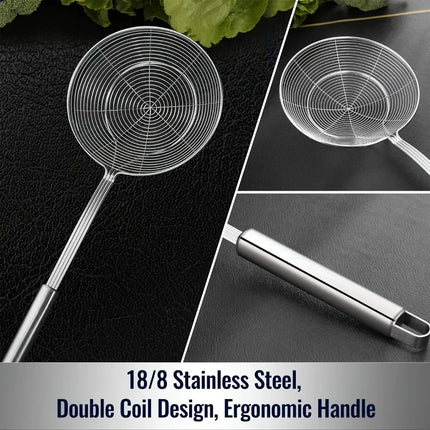 1 Stainless Steel Double Round Spoon, Reinforced and Thicker, Kitchen Restaurant Frying Fish Noodle Fishing Slag Isolation