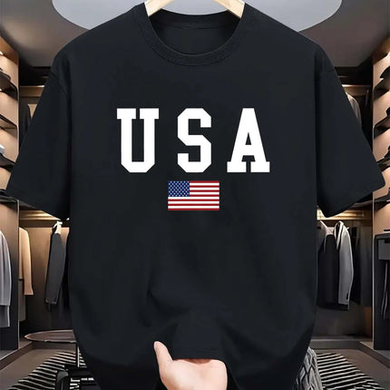 Men's summer 100% cotton fashionable casual loose fit USA American National Flag Graphic round neck short sleeved T-shirt top