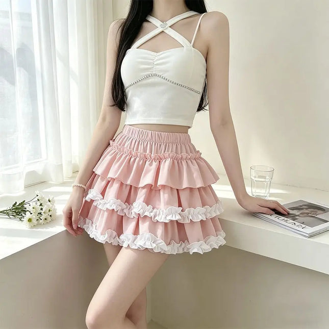 Süßer Ballett Rüschen Minirock Damen Ballkleid Lässig Kürbis High Waist Puffig Y2k Kleidung Lolita Faltenrock mit Shorts