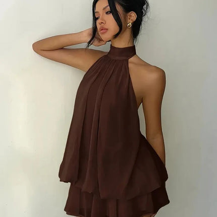 Women Halter Neck Backless Tie Mini Dress Summer Sleeveless Chiffon Ruffle Short Dresses Sexy Club Party Beach Vacation Outfit