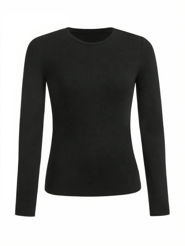 Solid-color long-sleeved T-shirt - Polyester knitted fabric, round neck, regular fit, fall-winter style