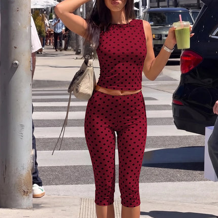Dulzura Polka Dot Casual Sports 2 Piece Long Pants Set Backless Tank Top Slim Fit Long Pants Matching Set Vacation Street Outfit