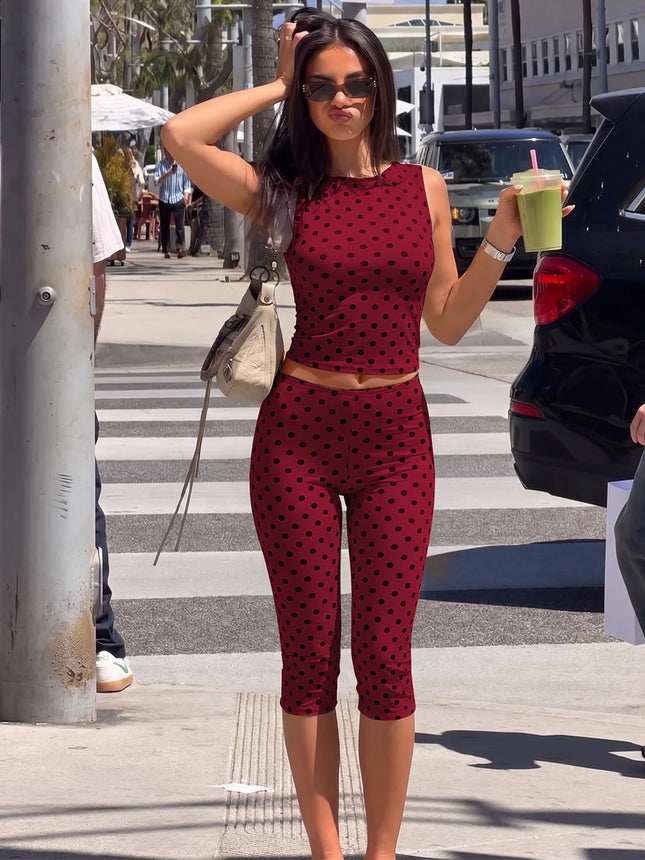 Dulzura Polka Dot Casual Sports 2 Piece Long Pants Set Backless Tank Top Slim Fit Long Pants Matching - product image 5