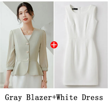 Women Casual 2 Pieces Set 2024 New Fashion Lantern Sleeve Jacket + White Dress Suit Office Ladies Business Blazers Skirt Set