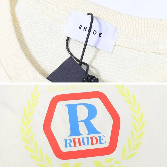 Schwarzes Vintage RHUDE Racing Lorbeerkranz T-Shirt R Logo Grand Prix Rundhals Baumwolle RHUDE Casual Streetwear Kurzarm Top Tee