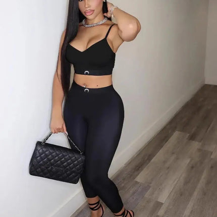 European and American Ins Sexy Two Piece Set Women Black High Street Fashion Summer Tops and Pants Set
