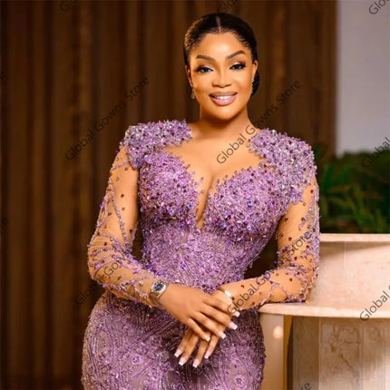 Purple Bead Aso Ebi Evening Dresses Appliques Full Sleeve Birthday Dress Women 2026 Special Occasion Gown Customized