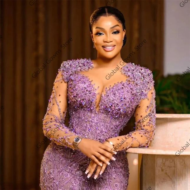 Lila Perlen Aso Ebi Abendkleider Applikationen Langarm Geburtstagskleid Damen 2026 Festliches Kleid Maßanfertigung