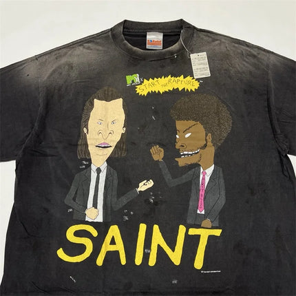 SAINT Mxxxxxx T-Shirts Men Women 1:1 Best Quality Anime Character Print Black Washed Oversized Short Sleeve