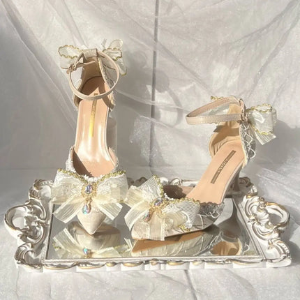 lolita Women heels Wedding designer shoes White shoes cute shoesBlue Pointed-Toe Slip-On Bow Handmade High Heels