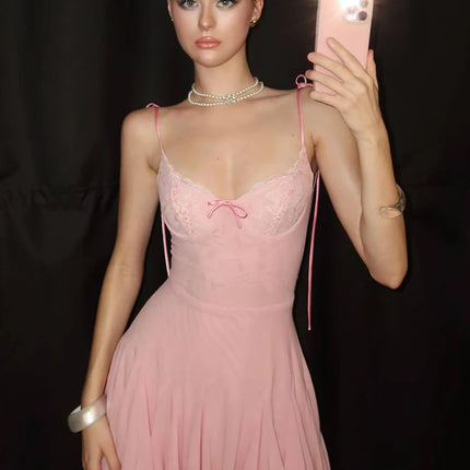 Sweet Lace Patchwork Dress Backless Bow Lace-Up Sleeveless Slim Pleated Solid Midnight Clubwear Party Mini