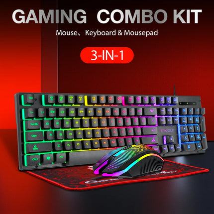 Electronic Sports Set 3 In 1 Wired Backlit Keyboard Gaming Mechanic Kit Waterproof Luminous 104 Key Keyboard Mouse - product