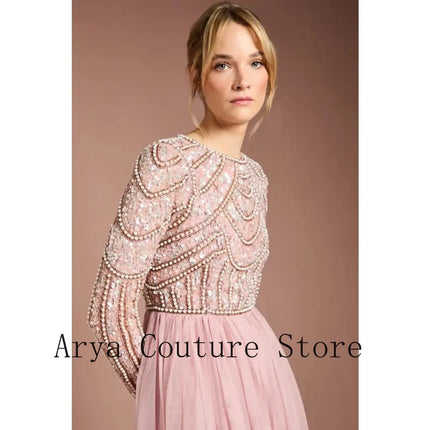 2026 Customized New Blush Pink Beaded Maxi Dress Women Long Sleeve Tulle Flowy Party Dress Elegant Wedding Guest Evening Gown