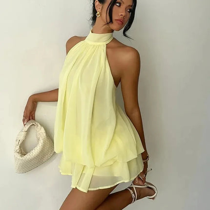 Women Halter Neck Backless Tie Mini Dress Summer Sleeveless Chiffon Ruffle Short Dresses Sexy Club Party Beach Vacation Outfit