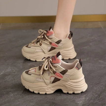 Women's Fashionable Dad Shoes Leather Upper Thick Bottom Casual Sports Shoes Spring Autumn New Style Breathable Lightweight