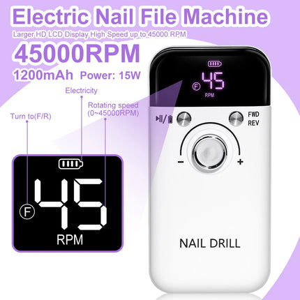 LIMEGIRL, 45000RPM Electric Nail Drill Polisher Rechargeable Portable Electric Nail File Machine Kit for Home Acrylic Gel Nails Polishing